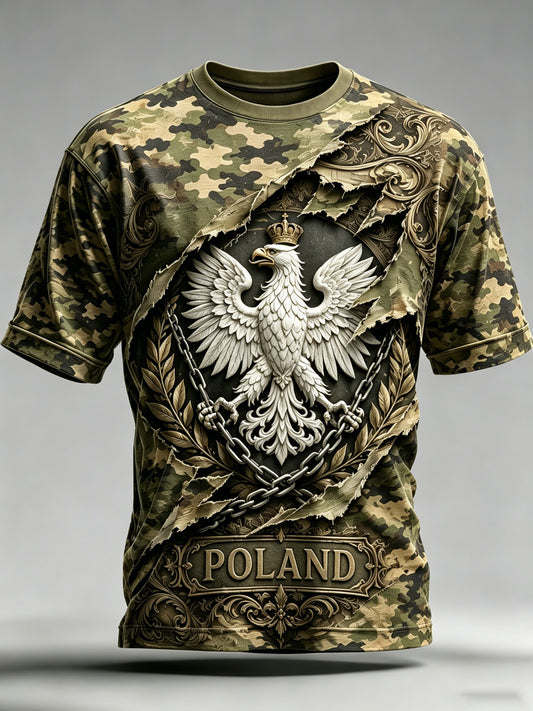 Męski t-shirt w polski kamuflaż, z graficznym nadrukiem