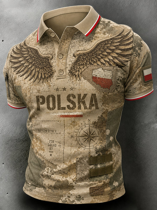 Męski koszulowy polo z nadrukiem w militarnym stylu typu „distressed” w kolorze moro