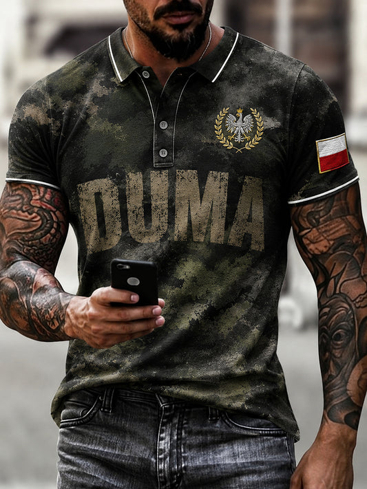 Męski koszulowy polo z nadrukiem w militarnym stylu typu „distressed” w kolorze moro