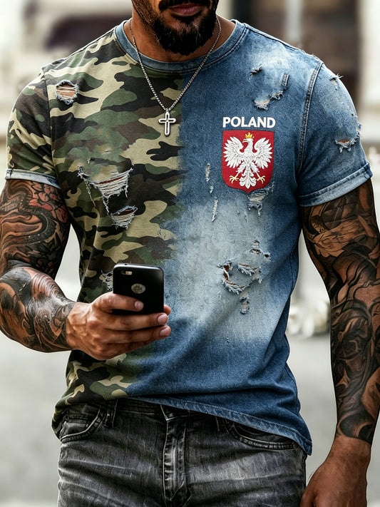 Męski t-shirt w polski kamuflaż, z graficznym nadrukiem
