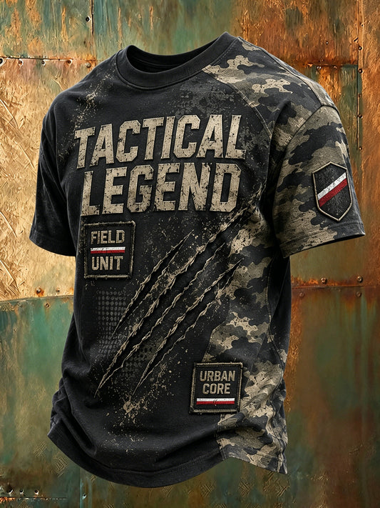 Męski polski t-shirt z patchworkowym nadrukiem wojskowym