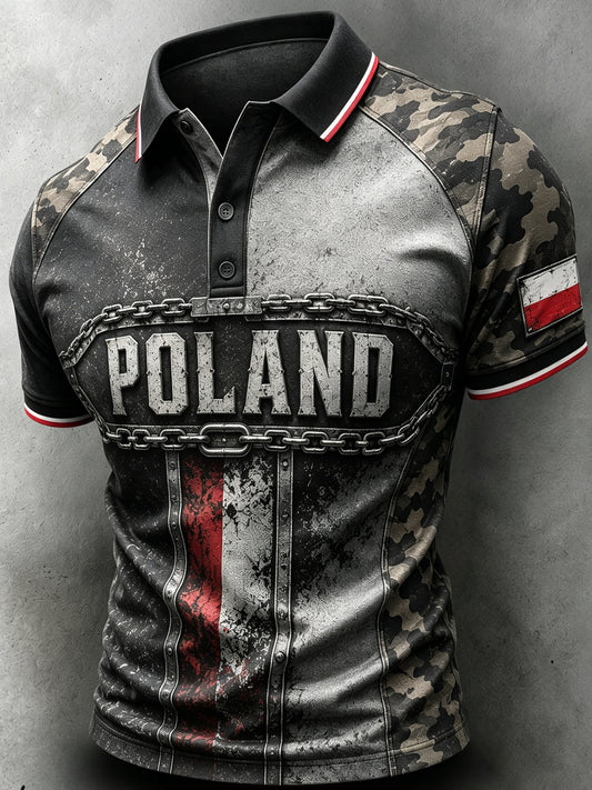 Męski polski koszulowy polo z nadrukiem artystycznym w stylu patchworkowym i kamuflażowym