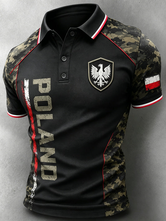 Męski polski koszulowy polo z nadrukiem artystycznym w stylu patchworkowym i kamuflażowym