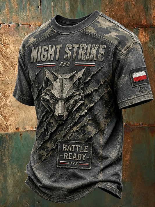 Męski polski t-shirt z patchworkowym nadrukiem wojskowym