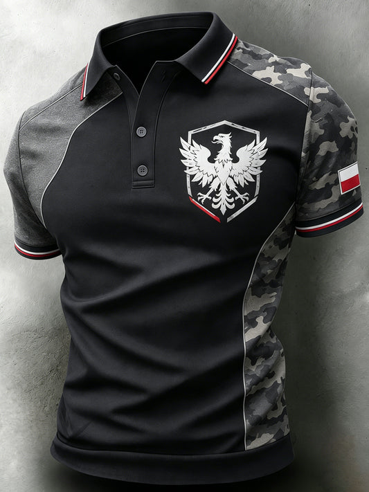 Męski polski koszulowy polo z nadrukiem artystycznym w stylu patchworkowym i kamuflażowym