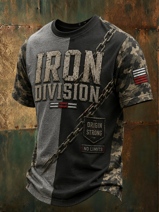 Męski polski t-shirt z patchworkowym nadrukiem wojskowym
