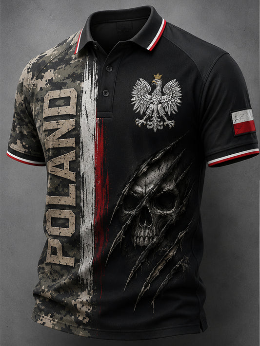 Męski koszulowy polo w wojskowym stylu z polskim kamuflażem patchworkowym
