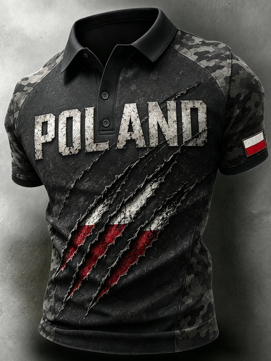 Męska koszulka polo w stylu wojskowym z patchworkiem w polskim kamuflażu