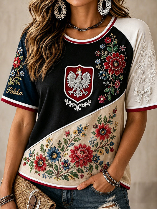 Damski t-shirt z Polską, okrągłym dekoltem i krótkim rękawem