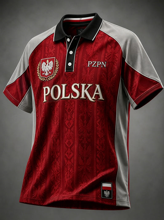 Koszulka polo z artystycznym nadrukiem przedstawiającym rugby w Polsce dla mężczyzn