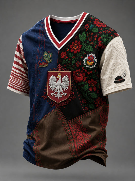 Męski t-shirt z V-kształtnym dekoltem w kolorze polskiej flagi
