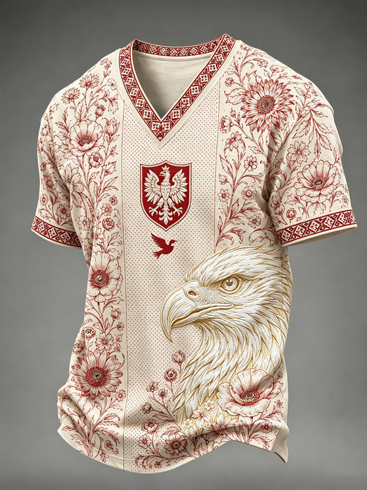Męski t-shirt z V-kształtnym dekoltem w kolorze polskiej flagi
