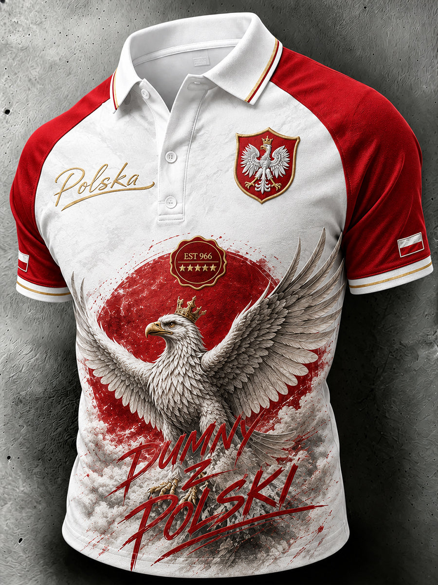 Koszulka polo z artystycznym nadrukiem przedstawiającym rugby w Polsce dla mężczyzn