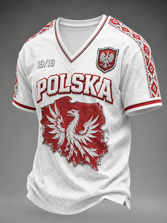 Męski t-shirt z V-kształtnym dekoltem w kolorze polskiej flagi