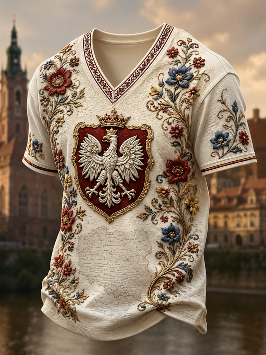 Męski t-shirt z V-kształtnym dekoltem w kolorze polskiej flagi