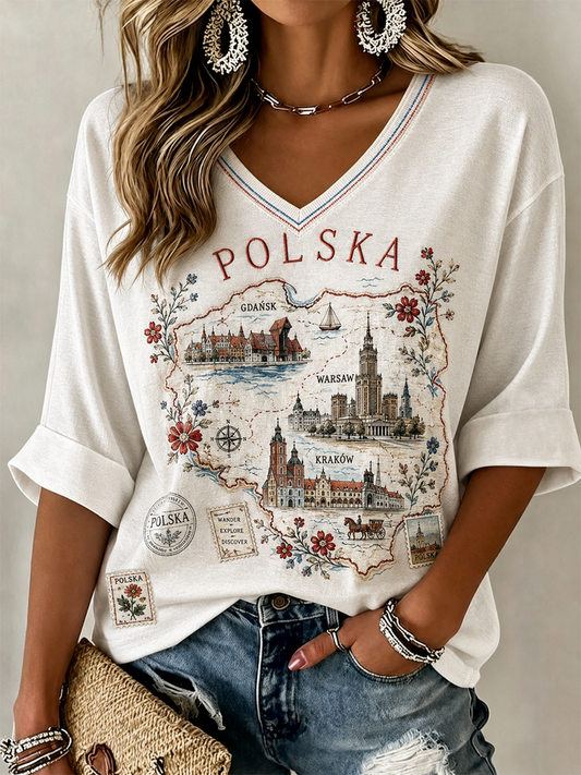 Damska Polska Lniana koszulka z krótkim rękawem