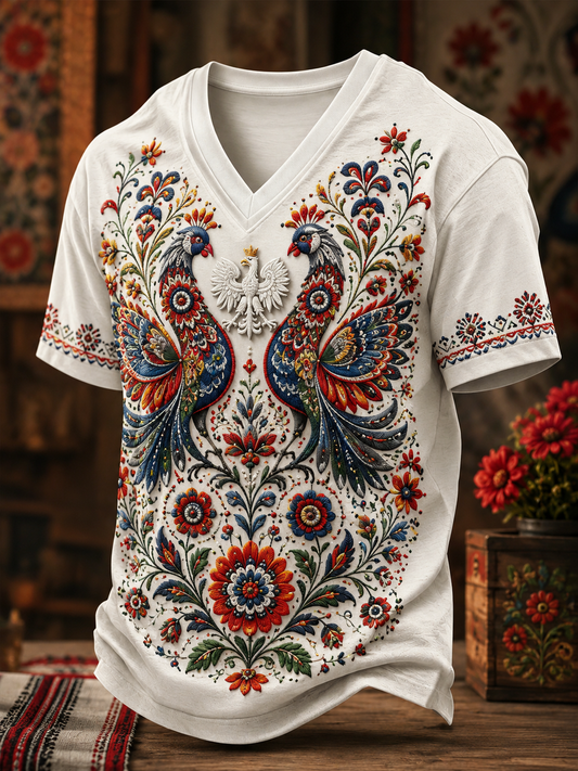 Męski t-shirt z V-kształtnym dekoltem w kolorze polskiej flagi