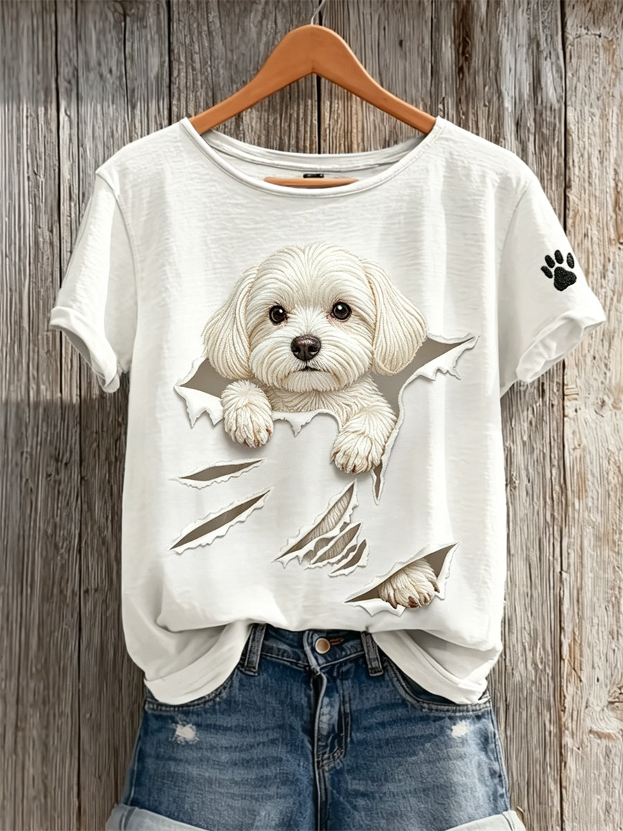 Damski podglądający maltański pies z krótkim rękawem Torn Crack Print T-shirt