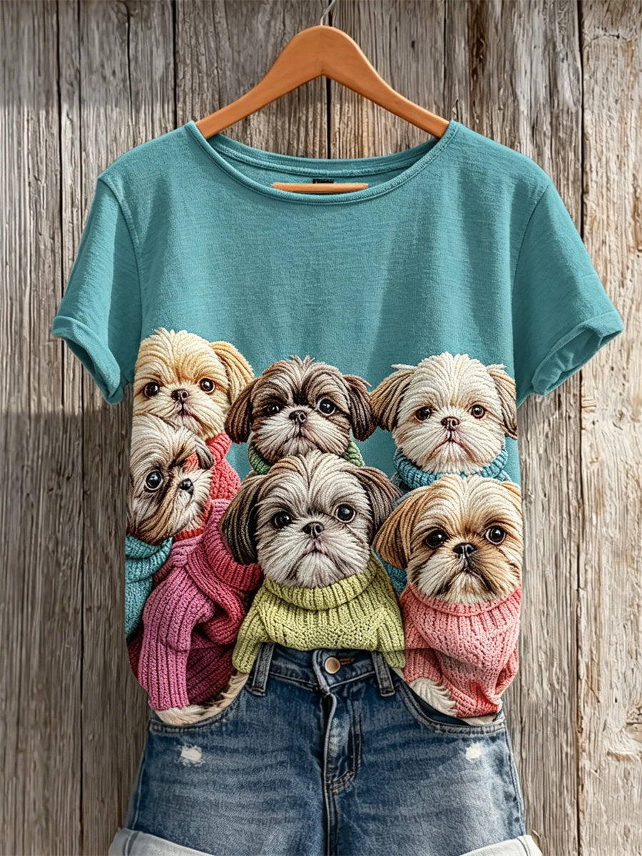 Damska koszulka z krótkim rękawem Shih Tzu Psy z dzianiną