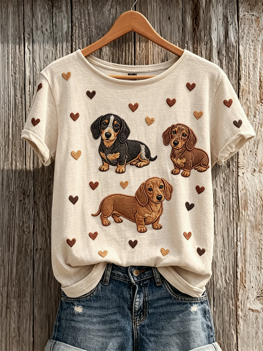 Damska koszulka z krótkim rękawem Lovely Jamnik Dogs Hearts Pattern Print