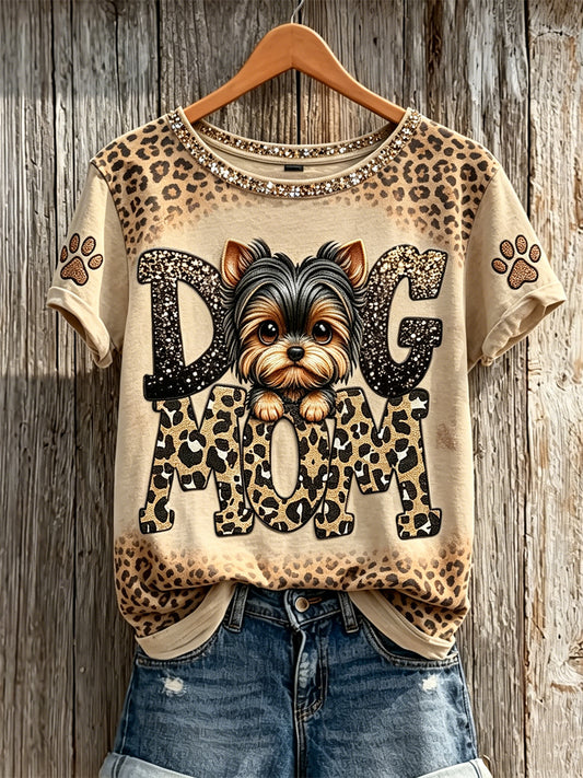 Damska koszulka z krótkim rękawem Peeking Yorkshire Terrier Dog Mom Paw Psi Leopard Print