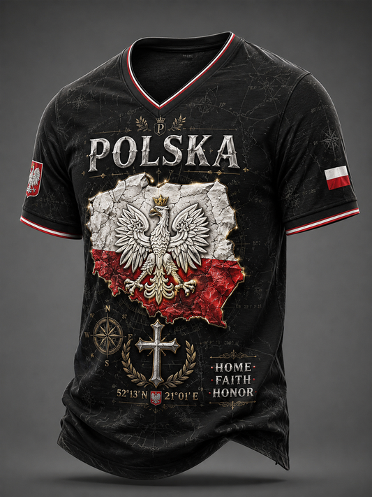 Męski t-shirt z V-kształtnym dekoltem w kolorze polskiej flagi
