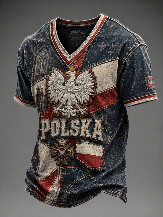 Męski t-shirt z V-kształtnym dekoltem w kolorze polskiej flagi