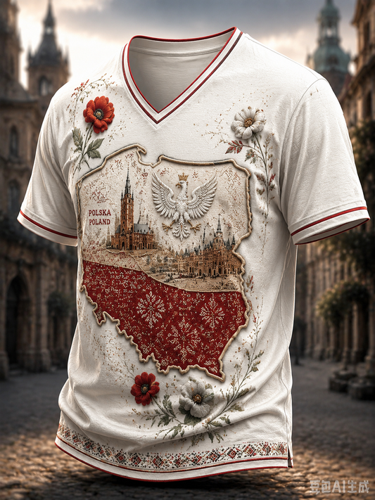 Męski t-shirt z V-kształtnym dekoltem w kolorze polskiej flagi