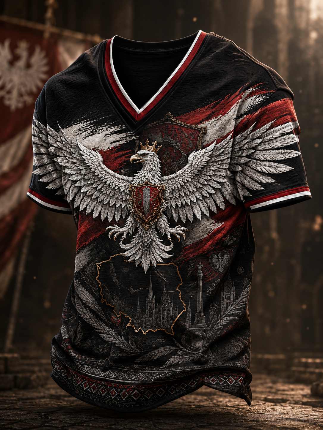 Męski t-shirt z V-kształtnym dekoltem w kolorze polskiej flagi