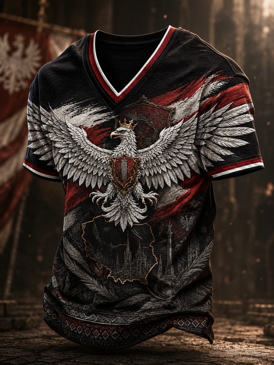 Męski t-shirt z V-kształtnym dekoltem w kolorze polskiej flagi