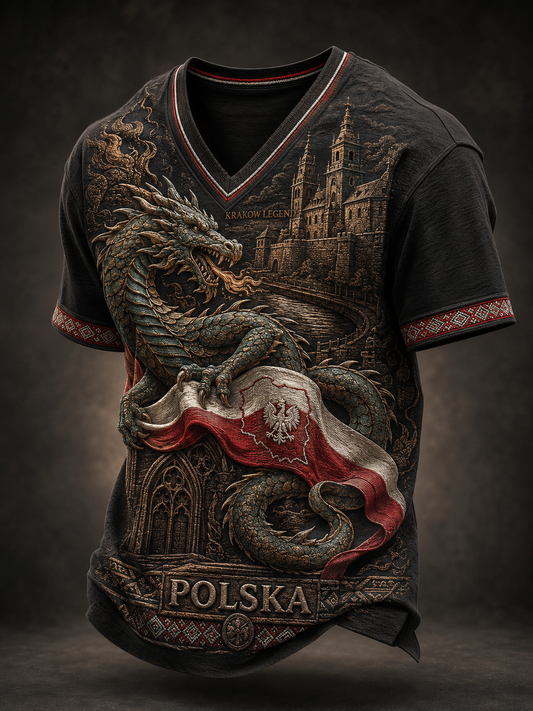 Męski t-shirt z V-kształtnym dekoltem w kolorze polskiej flagi