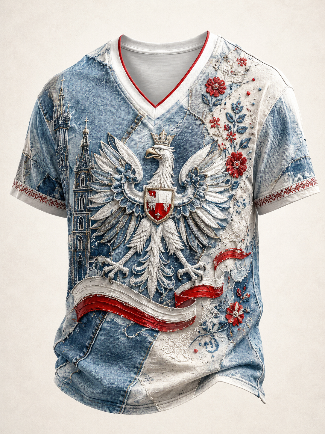 Męski t-shirt z V-kształtnym dekoltem w kolorze polskiej flagi