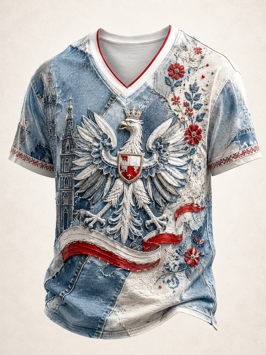 Męski t-shirt z V-kształtnym dekoltem w kolorze polskiej flagi