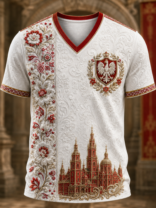 Męski t-shirt z V-kształtnym dekoltem w kolorze polskiej flagi