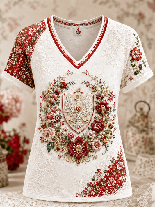 Damski t-shirt w Polsce z dekoltem w serek i odkrytymi ramionami, z krótkim rękawem