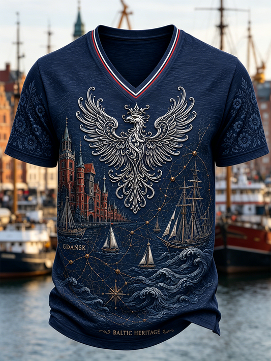 Męski t-shirt z V-kształtnym dekoltem w kolorze polskiej flagi