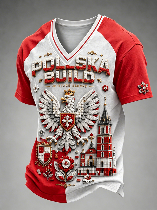 Męski t-shirt z V-kształtnym dekoltem w kolorze polskiej flagi