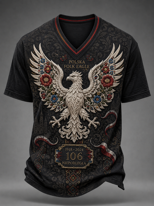 Męski t-shirt z V-kształtnym dekoltem w kolorze polskiej flagi