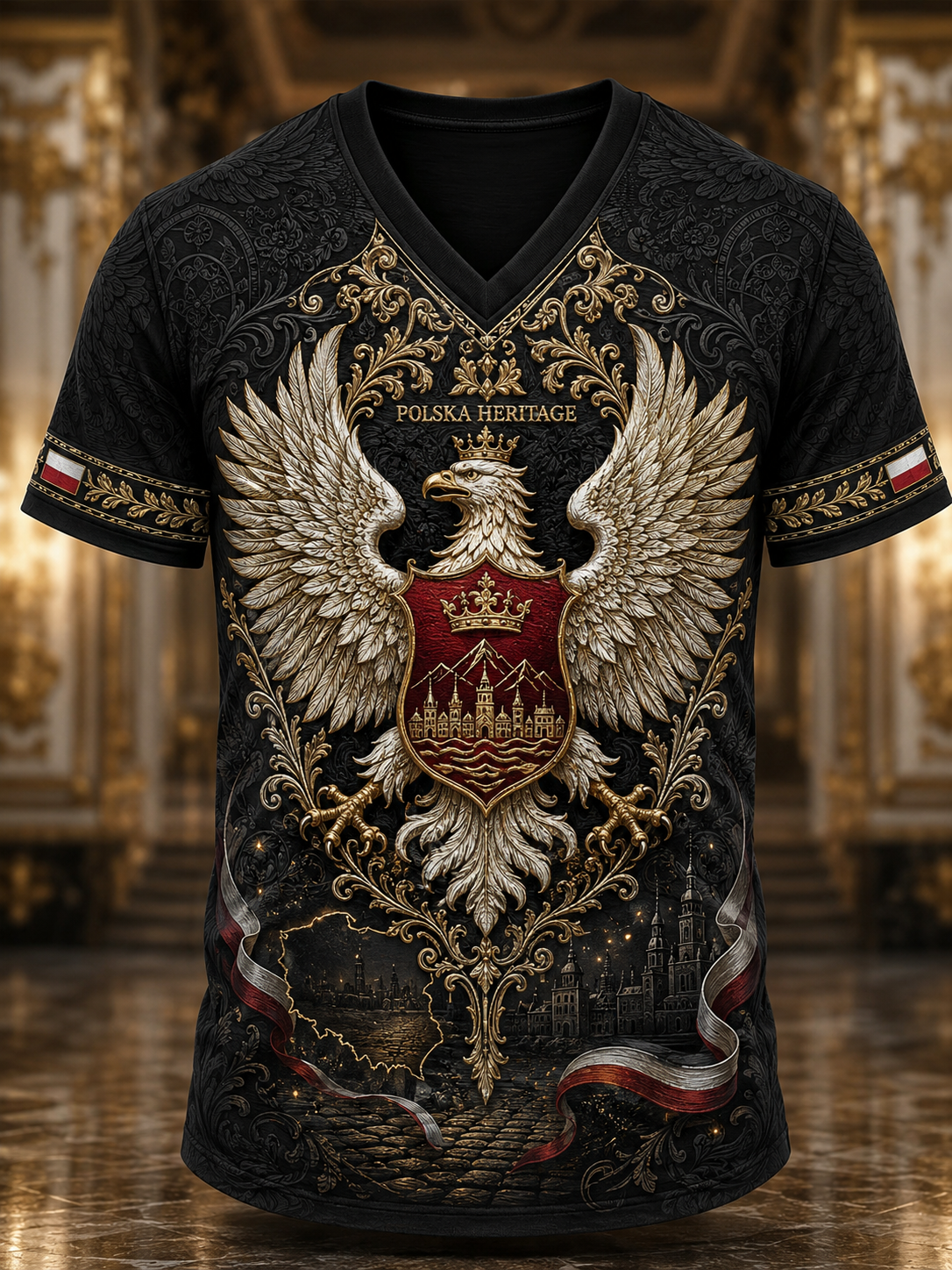 Męski t-shirt z V-kształtnym dekoltem w kolorze polskiej flagi