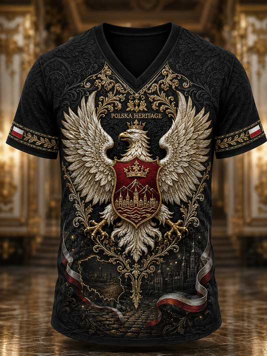 Męski t-shirt z V-kształtnym dekoltem w kolorze polskiej flagi