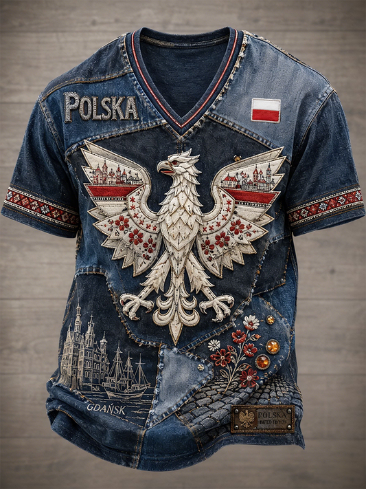 Męski t-shirt z V-kształtnym dekoltem w kolorze polskiej flagi
