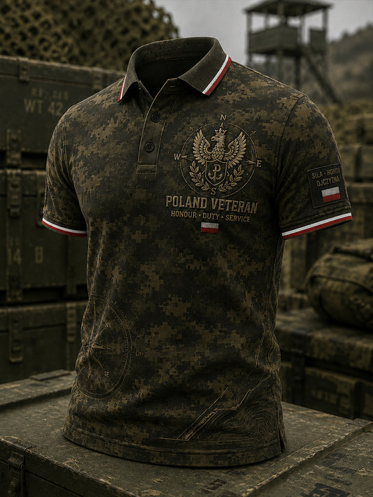 Męska koszulka polo w stylu militarnym z krótkim rękawem, retro, moro i orłem