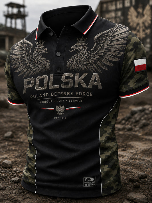 Męska koszulka polo w stylu militarnym z krótkim rękawem, retro, moro i orłem
