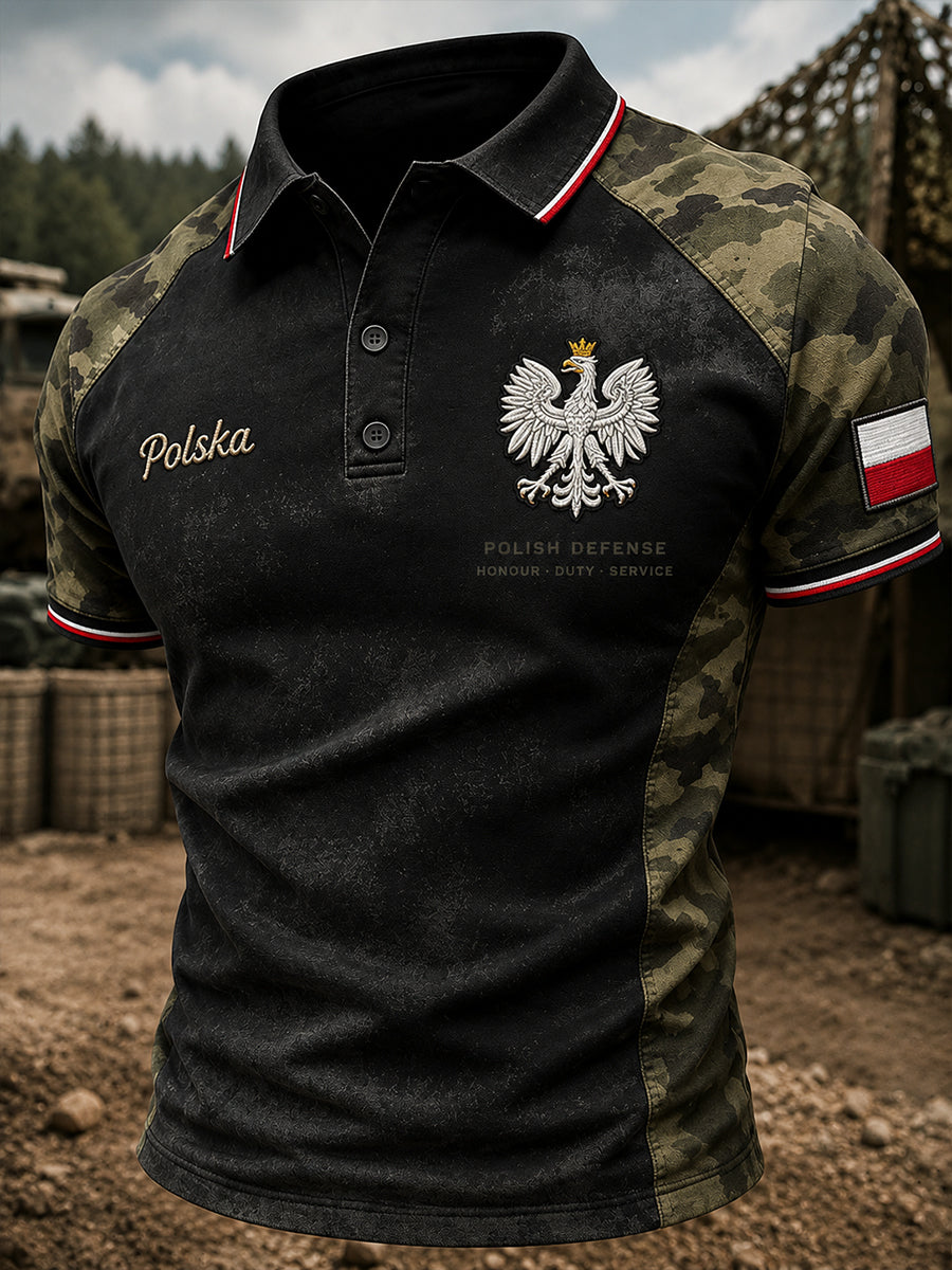 Męska koszulka polo w stylu militarnym z krótkim rękawem, retro, moro i orłem