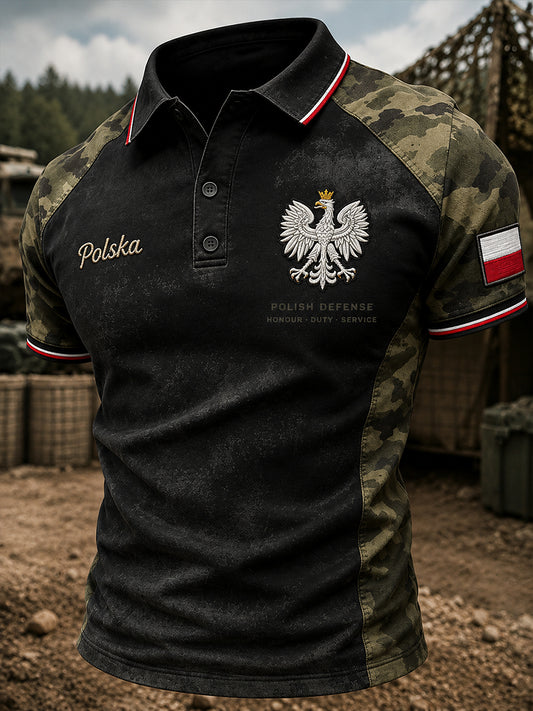Męska koszulka polo w stylu militarnym z krótkim rękawem, retro, moro i orłem