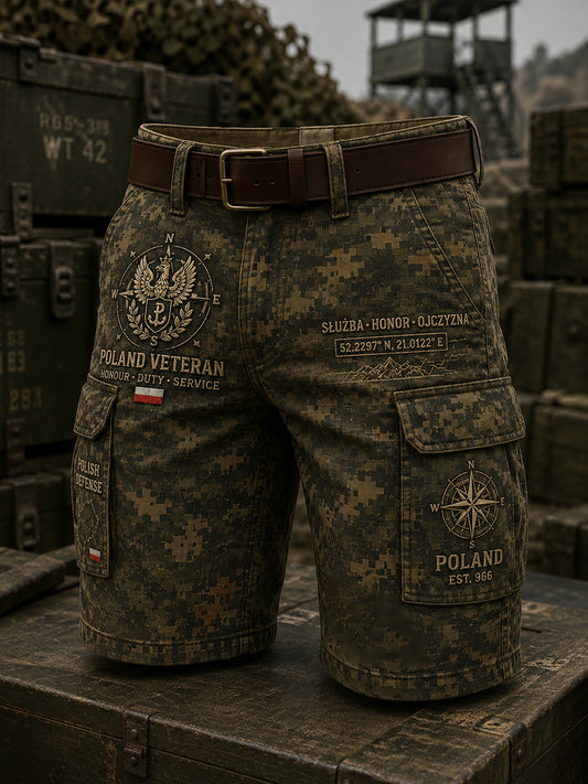 Męskie, w stylu wojskowym, krótkie spodnie cargo w klasycznym kamuflażu z orłem