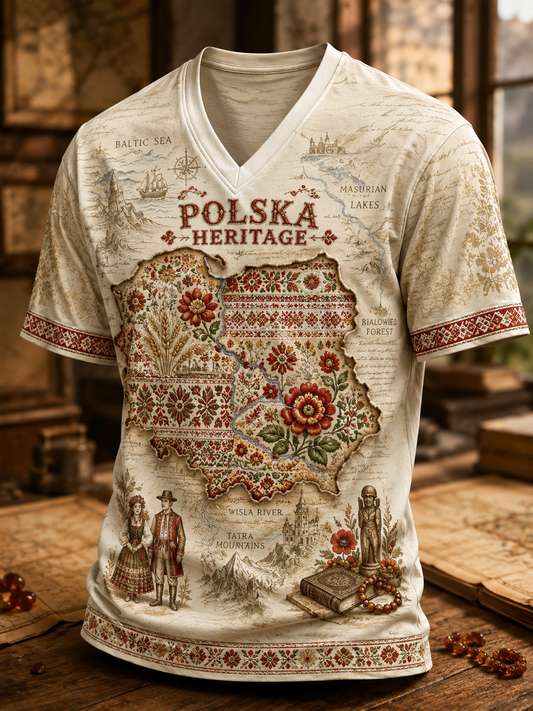 Męska mapa Polski T-Shirt z dekoltem w szpic