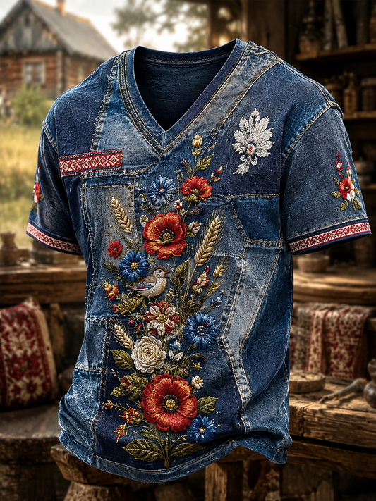 Męski t-shirt z dekoltem w kształcie litery V z polskimi kwiatami
