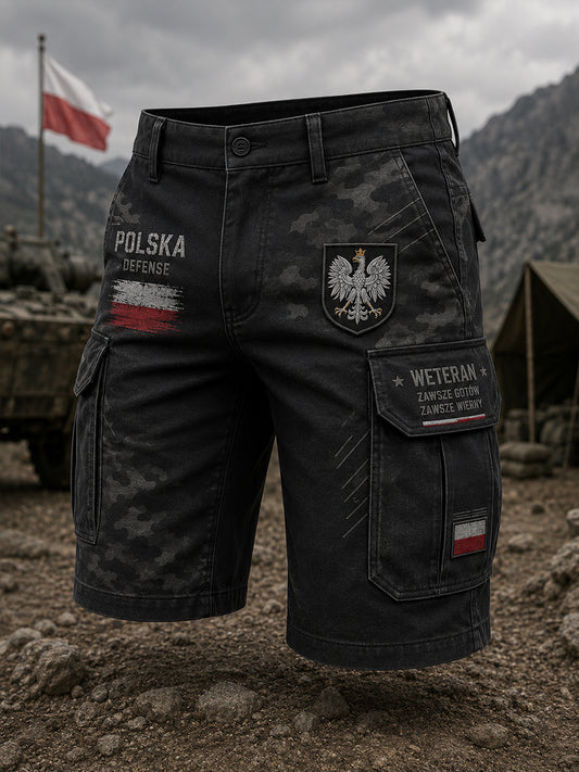 Męskie krótkie spodnie cargo z wiktoriańskim, wojskowym wzorem