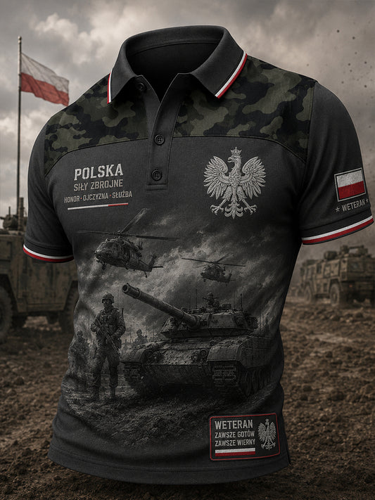 Męska koszulka polo z krótkim rękawem z nadrukiem w stylu militarnym w stylu vintage